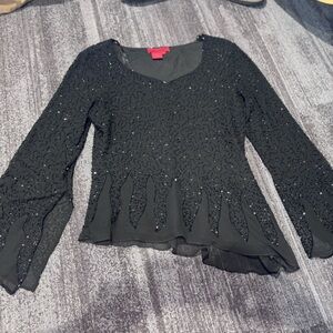 Vintage Black Beaded Flared Sleeve Asymmetrical Top